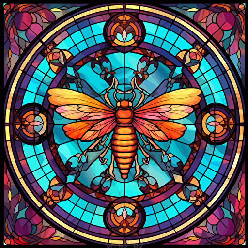 circluar stained glass window, bee amd florals, hyper detailed, epic composition, vector design on the edges of the image