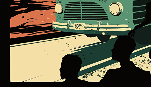 a vector drawing of freedom riders fleeing from a greyhound bus that has been attacked by opponents of integration