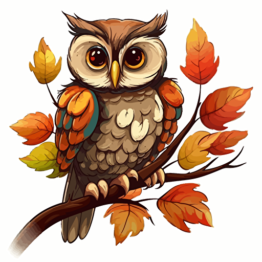 A delightful cartoon owl on a branch, showcasing a wide-eyed and curious owl perched on a branch with leaves, Artwork, vector illustration,