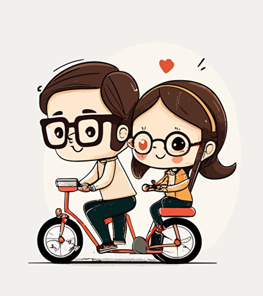 cute chibi couple riding bicycle, illustration pencil style, animation illustration style, minimalistic compositions, white background, cartoon illustration, looking happy and smile, male riding bicyle wearing glasses, female sits behind the bicycle holding not wearing glasses, Natalia Skripko vector illustration style,