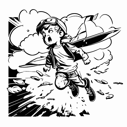 Little boy flying. Black and white vector illustration