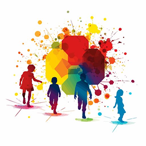 kids icon, abstract art, vector drawing, colorful splash on the back, pure white background FFFFFF, no margins, primary colors HEX: 5B7ABC and HEX: F5A5C8, secondary colors HEX: C8D35F HEX: 9DDAE9 HEX: FEE252