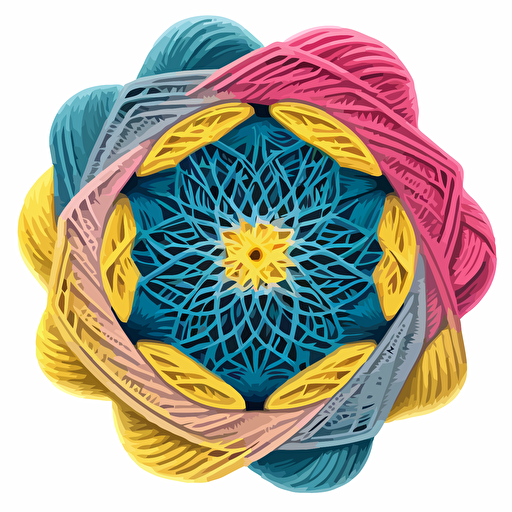 a simple vector logo of a mandala made from yarn, in blue, yellow, pink and gray