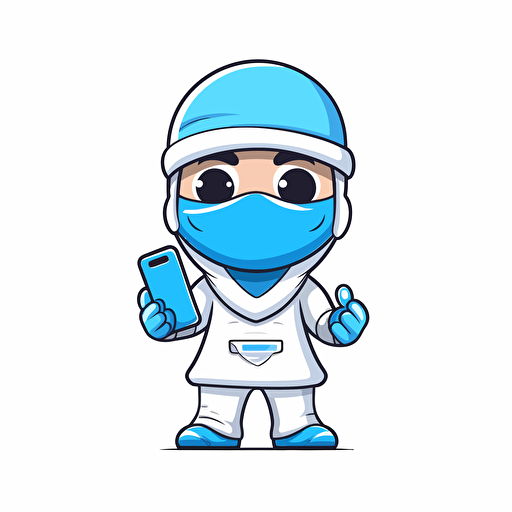 cute mascot logo face only of a doctor wearing facemask and holding a cellular phone, vector, white and blue