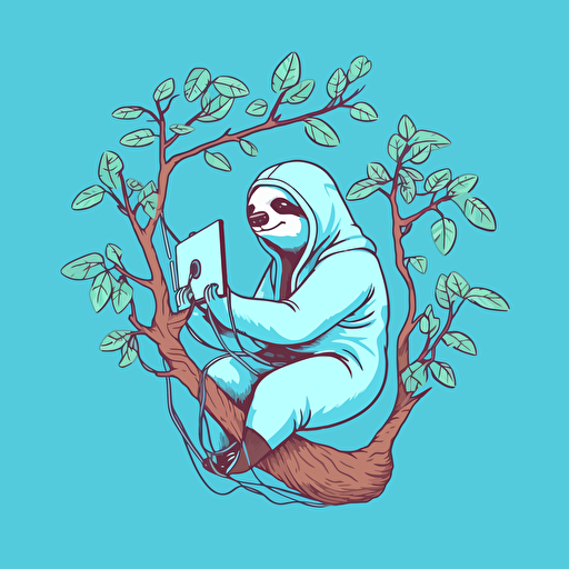 Simple vector image, of sloth holding in a hoodie, holding computer, Hanging on tree vine, cyan color scheme,