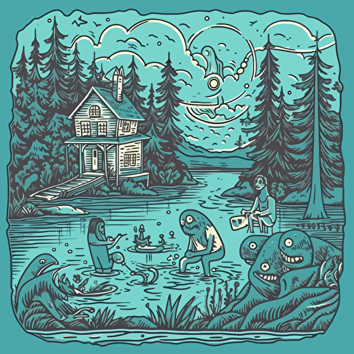 family vacation outside lake house, sasquatch and magic mushrooms in the background, one person fishing, one person playing banjo, cartoon style, vector illustration, outline