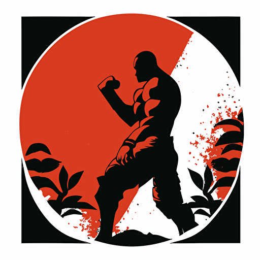square logo, silhouette of a kickboxing fighter against a red sun, white background, flat image vector