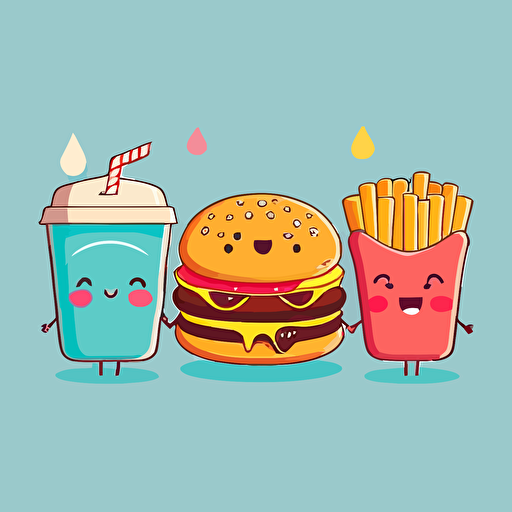 cartoon kawaii burgers and fries illustration, vector, simple clean, minimalist, wallpaper, bright, collection