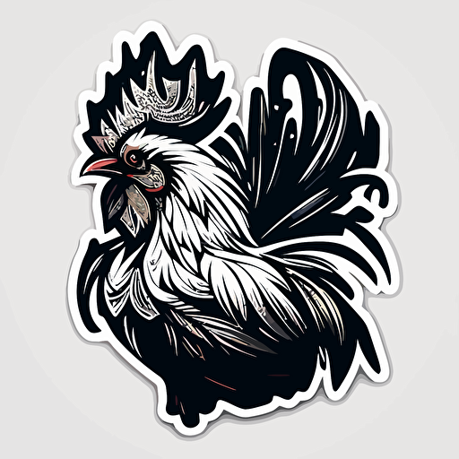 rooster Sticker, Enthusiastic, Dark, Minimal, Contour, Vector, White Background, Detailed