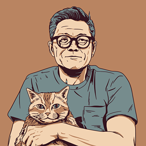 vector art style, 42 year old white asian male, thick rim glasses, holding a cat, in the style of Michael Parks