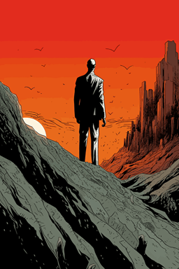 Style of Geof Darrow and Jean Giraud, man in suit with a book in his hand stands on a precipice overlooking hell ::5.2 , vector art ::6.66 , red, orange, black, white, grey ::1 humans ::-0.5