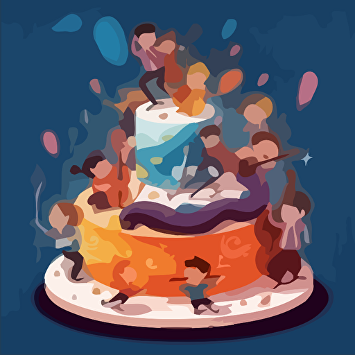 children's book simple vector Illustration of an orchestra bursting out of a big cake