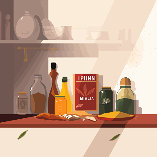 A minimalist vector illustration of indian spice in a kitchen. Strong light and shadow. Style of Malika Favre and Owen Davey