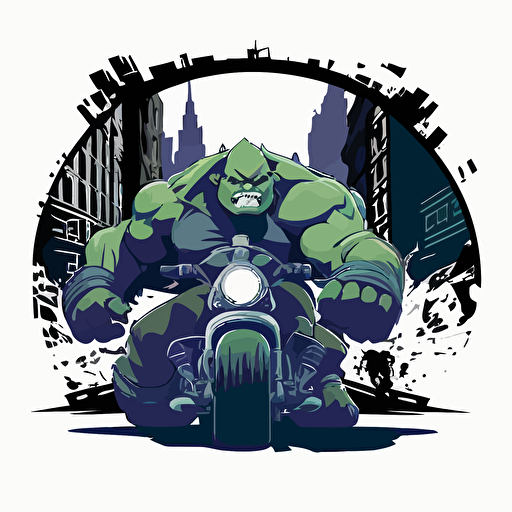 ogre riding a motorcycle through a bad part of the city, vector logo, vector art, emblem, simple cartoon, 2d, no text, white background