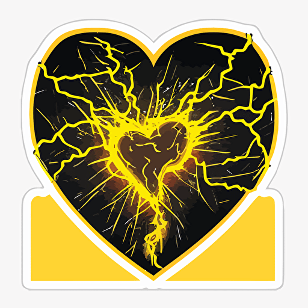 drawed yellow heart surrounded by thunder and electric sparks pixar style, 2d flat design, vector, cut sticker