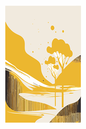Mustard yellow and beige watercolour abstract landscape, Minimalist, vector, contour