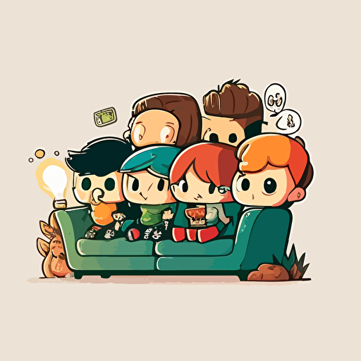 vector image, cartoon style, a group of chibi people sitting on a couch watching a television