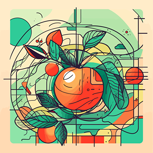 apple thick line illustration with framed botanical ornaments illustration with a shinning sun using the illustrator illustration styles, vectorized, organic forms and shapes, cubism art style, pantone colorful pallet