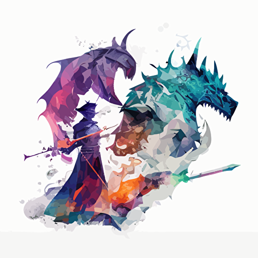 a knight and a wizard fighting a dragon, double exposure, vector style, simple colors white background