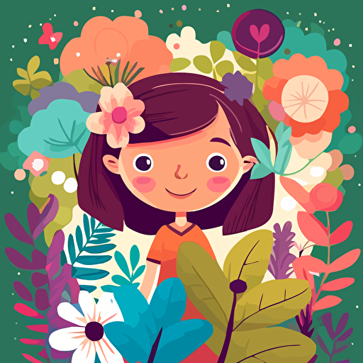a happy young girl with big brown eyes and freckles who has a stunning colourful garden growing from her brain. vector style