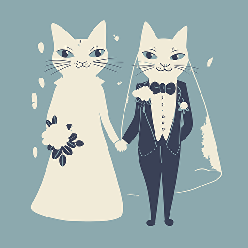 Vector art of a cat dressed as a bride and a cat dressed as a groom, in the style of Britta Teckentrup illustrations
