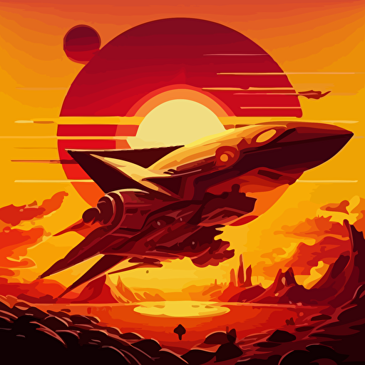 starship rising over the red sun, beautiful, vector