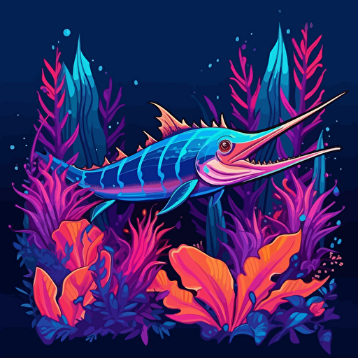 Atlantic Striped Marlin in the jungle, jungle plant motifs surrounding the Marlin, 2d vector, neon colours, epic composition, vector design on the edges of the image