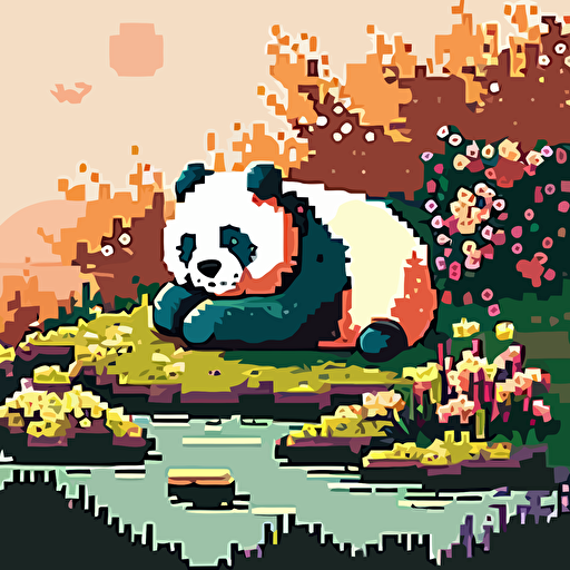 Panda in the spring sun, sleeping on its stomach, bright light, bright tones, rich layers, soft light, soft light, cartoon style, bright colors, pixel art, vector art