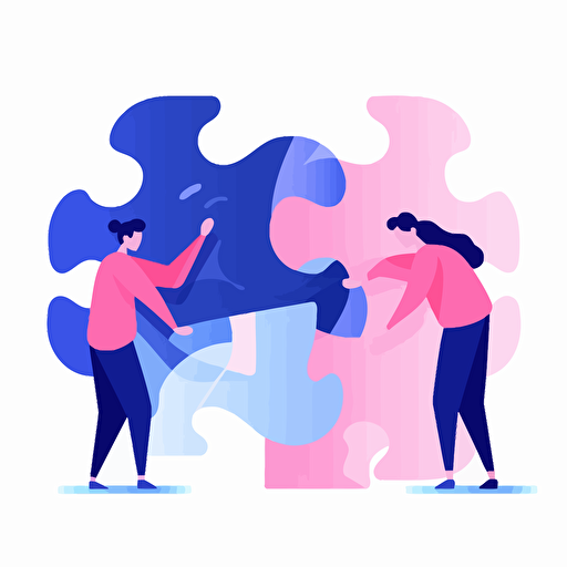 flat vector illustration depicting to people putting two fitting puzzle pieces together, use pink, purples and blues
