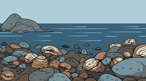 a vector design mostly blue and brown for a place called happy clam land showing happy clams on a maine bayfront rocky shoreline