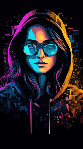female hacker, black background, radiant vibrant colors, simple vector