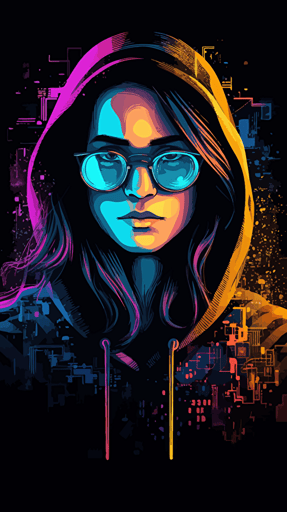 female hacker, black background, radiant vibrant colors, simple vector