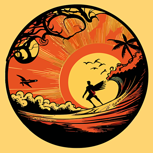 retro vector illustration, sunset and surfer on wave, circle composition, 1970s, comic book