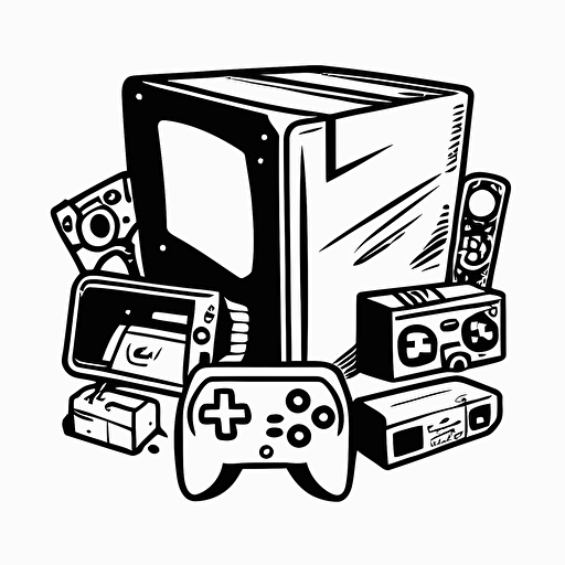 very Simple Logo, Sketchy, Transparent, Black and White, Vector, Box full of Toys, Consoles, Trading cards,