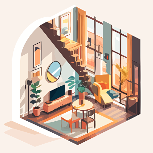 flat design 2d illustration vector 6 colors small apartment mezzanine with giant mirror living room