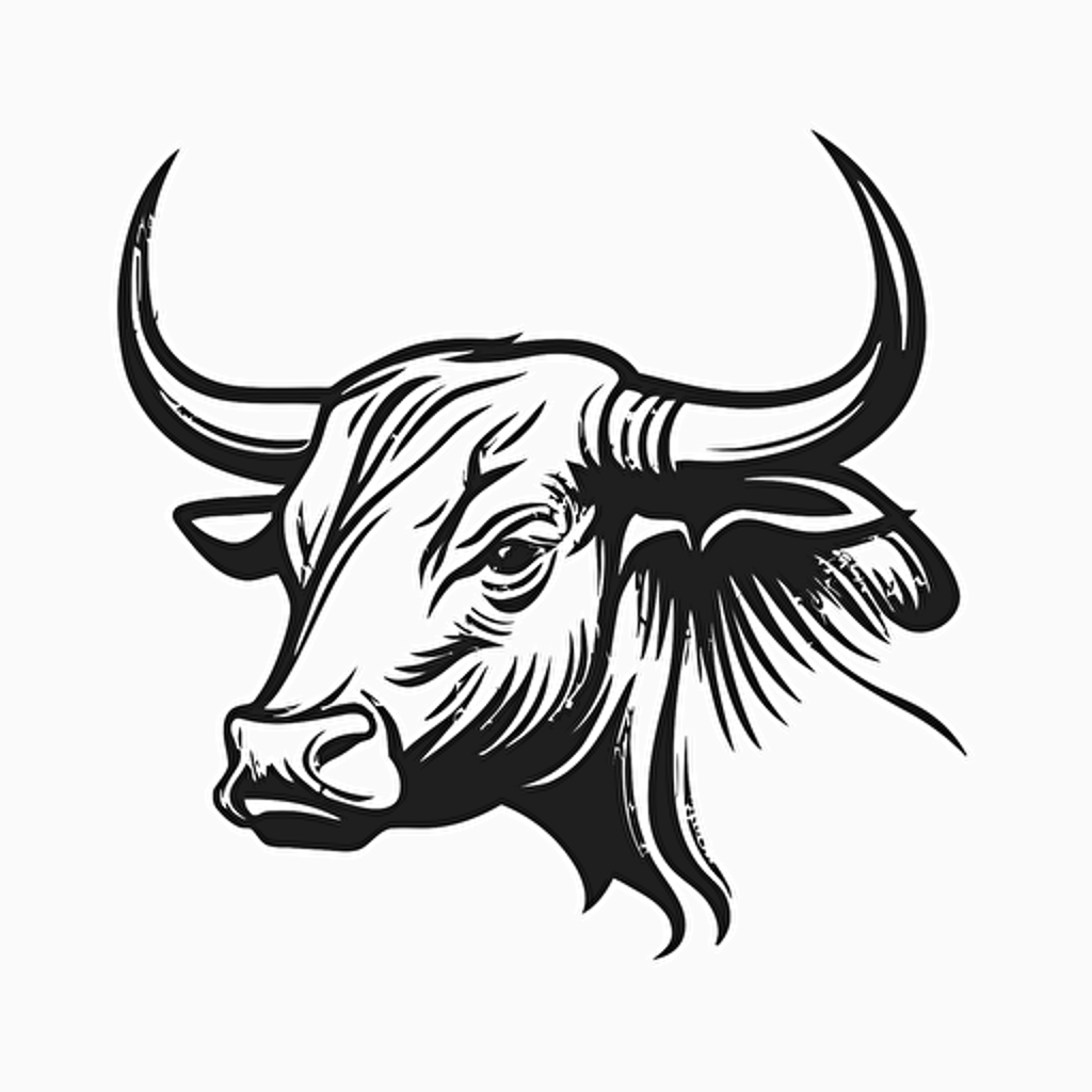 black outline of a bull head in cartoon style drawing on a white background flat vector drawing