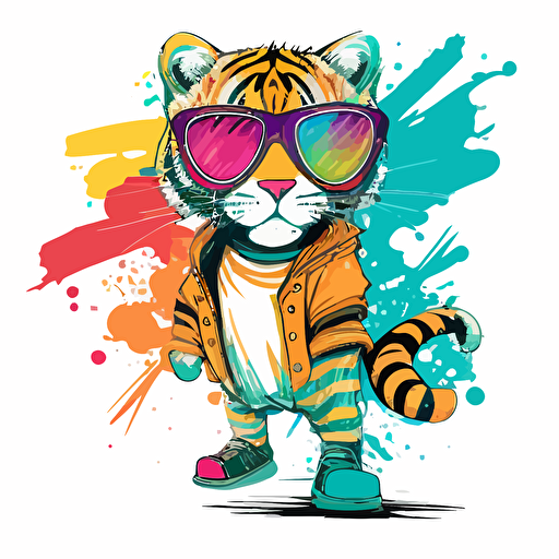 a very cute baby tiger wearing very big sunglasses, as a cartoon type, as a vector, white background, bright graffiti colors