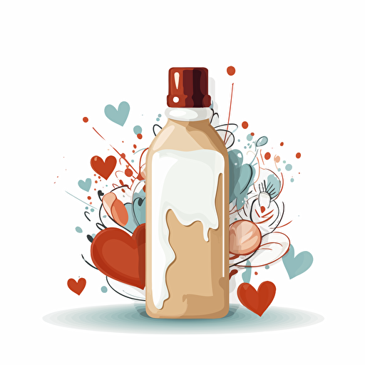 artsy, cute, vector, white background, bottle of glue with a heart on the bottle