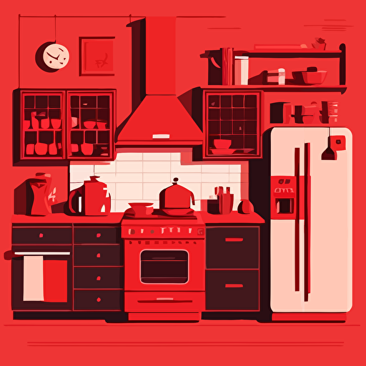 red kitchen scene, high details, clip art, vector style, transparent background