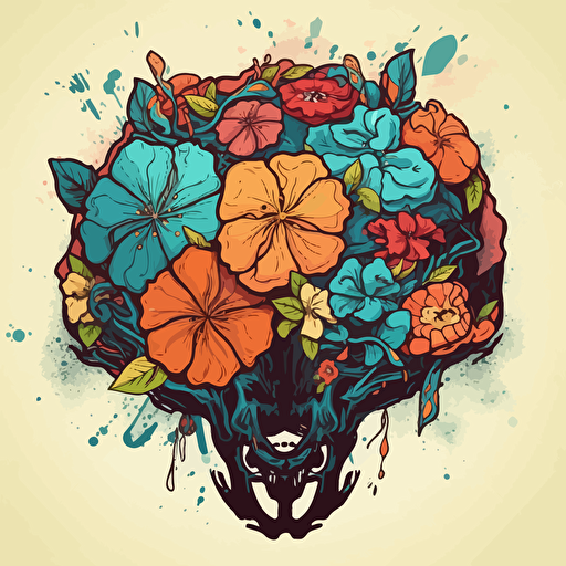 brain with flowers growing from it, deklart, graffiti style, marvel comic book style, vector illustration,