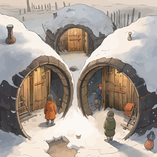 Lulu and Max, village prepared for future storms, developing new technologies, esigned a series of reinforced tunnels beneath the village, tunnels were built with sturdy materials and insulated to withstand the cold, developed a system for preserving food, designed a new type of fireplace that ess wood and produced more heat, knowledge of engineering and construction to build sturdy shelters for their neighbors snow community, a snow in a street at mid of a day and supporting their neighbors, using vector illustration, super resolution, ultra detailed, 10k