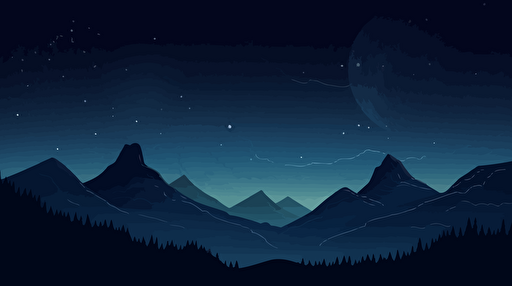 minimalist, simplistic, vector illustration of starry night sky, dark blue tones, mountains