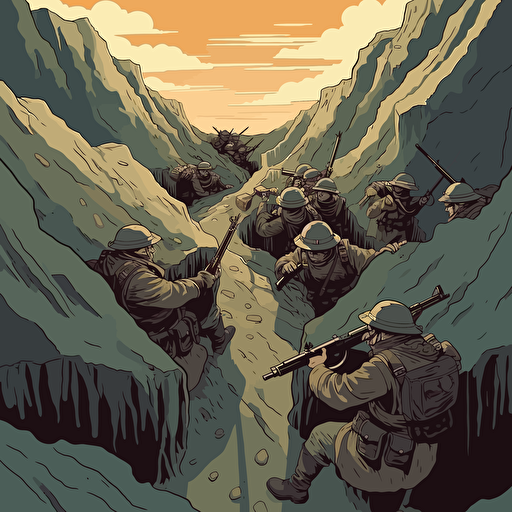 battle landscape , world war I , looking down , holding their guns with bayonette, in the trenches with helmets, 16:9 format, illustration vectorial style, limited color palette, view from above