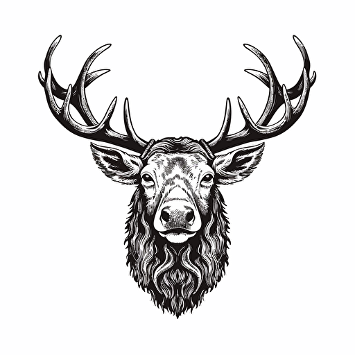 Elk with a beard, Black and white illustration, simple vector : : handdrawn style