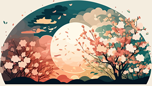 vector style cherry blossom under the setting sun, petals in air, beautiful clouds, pastel colors v 5