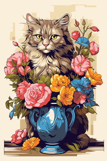 colorful svg vector drawing, a beautiful cat sits near a vase full of flowers