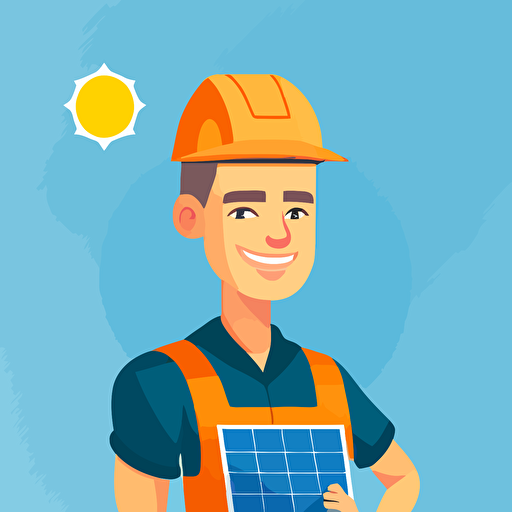trustworthy male solar installer, vector art, minimalistic, solar panels in the background