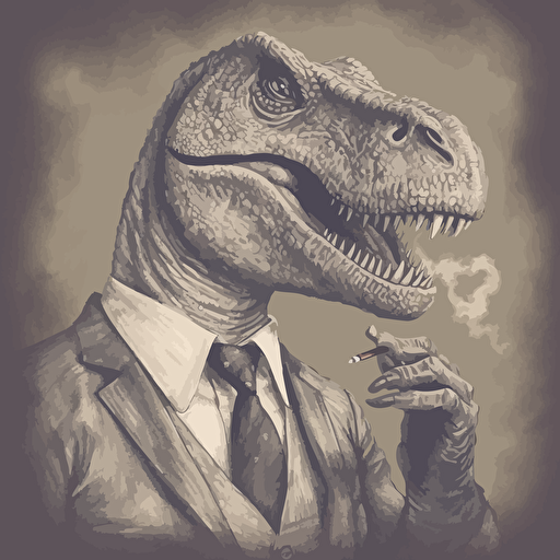 t-rex smoking a cigarette, vector art, 2d, grey tones