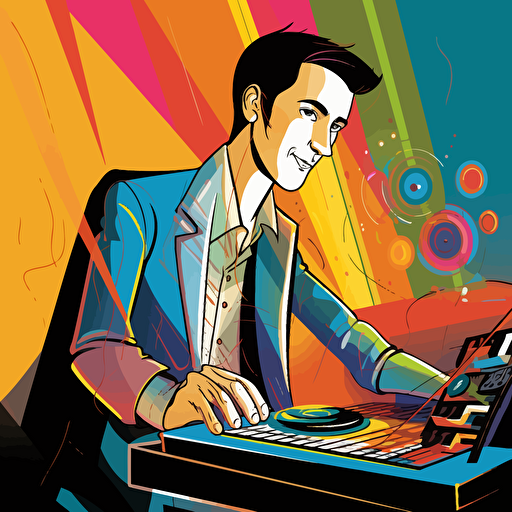 an abstract, comic-style vector artwork of an electronic dj in a small jazz club