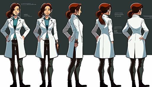 character design, vector illustration, female doctor, front side back views, 6 panels